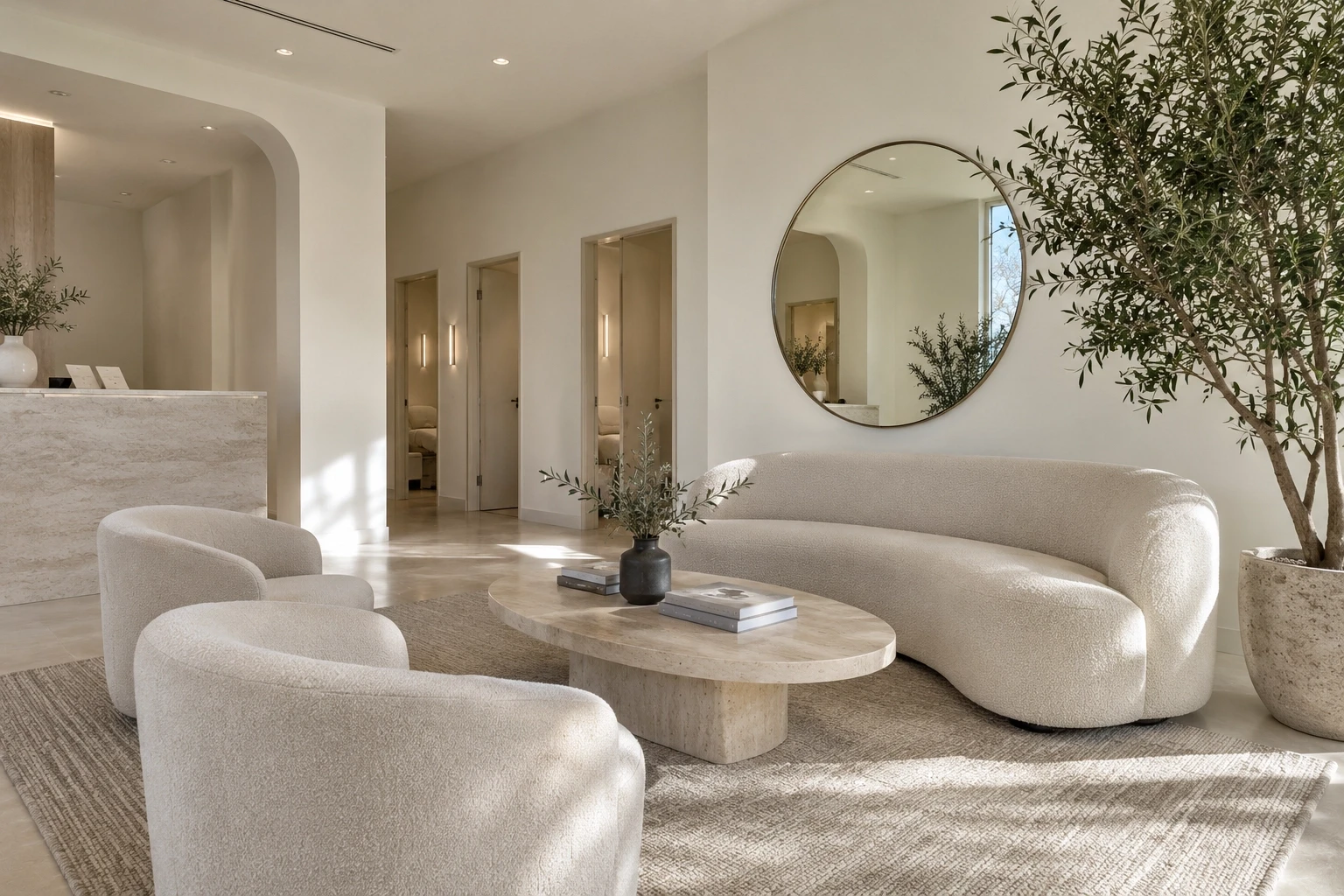 Neutral modern med spa lounge with a curved cream sofa, round mirror and olive tree